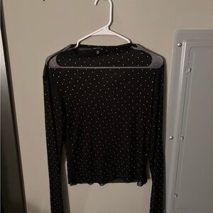 Black Long-Sleeve Sheer Top with Silver Stud Detail